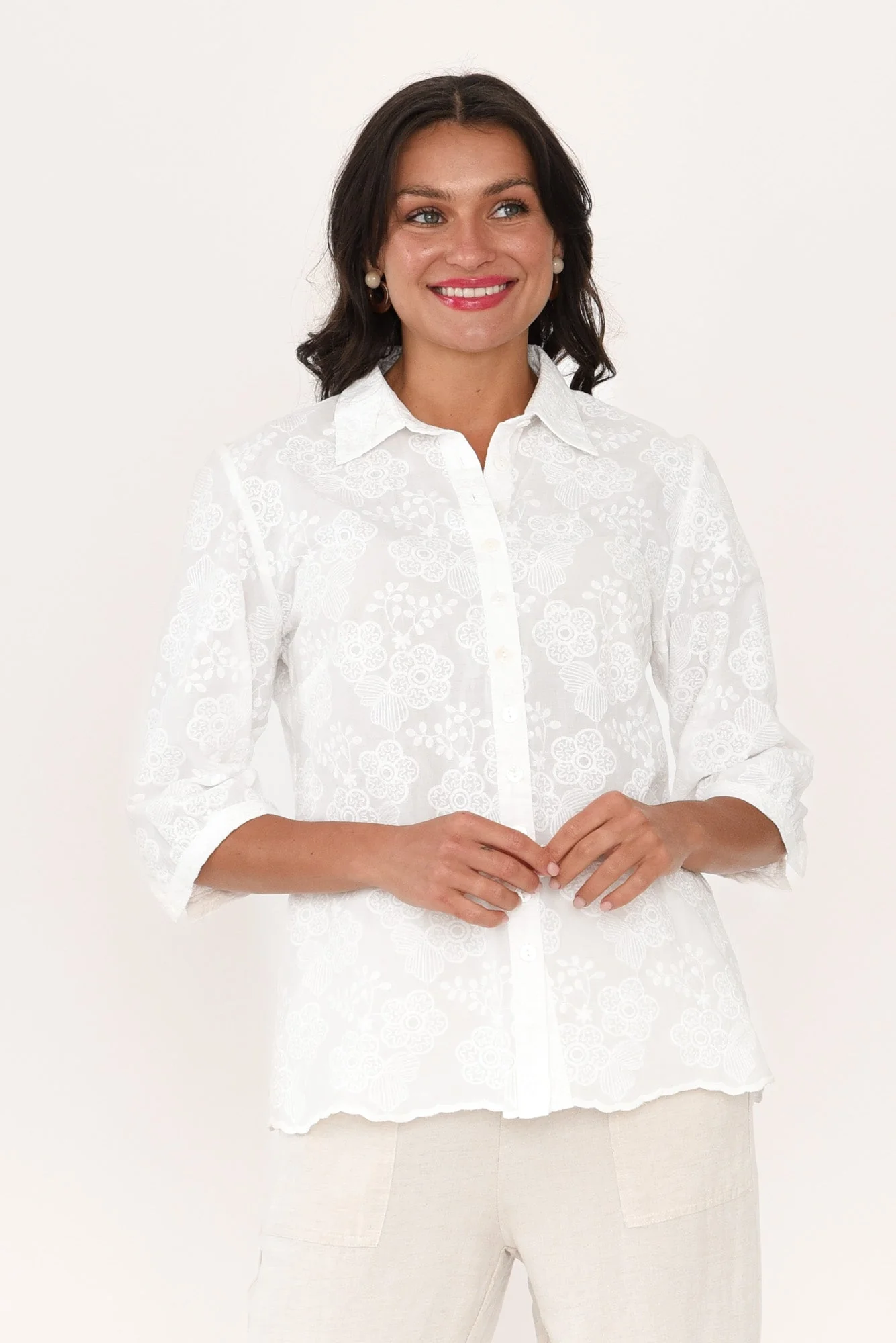 Thea White Flower Embroidered Cotton Shirt