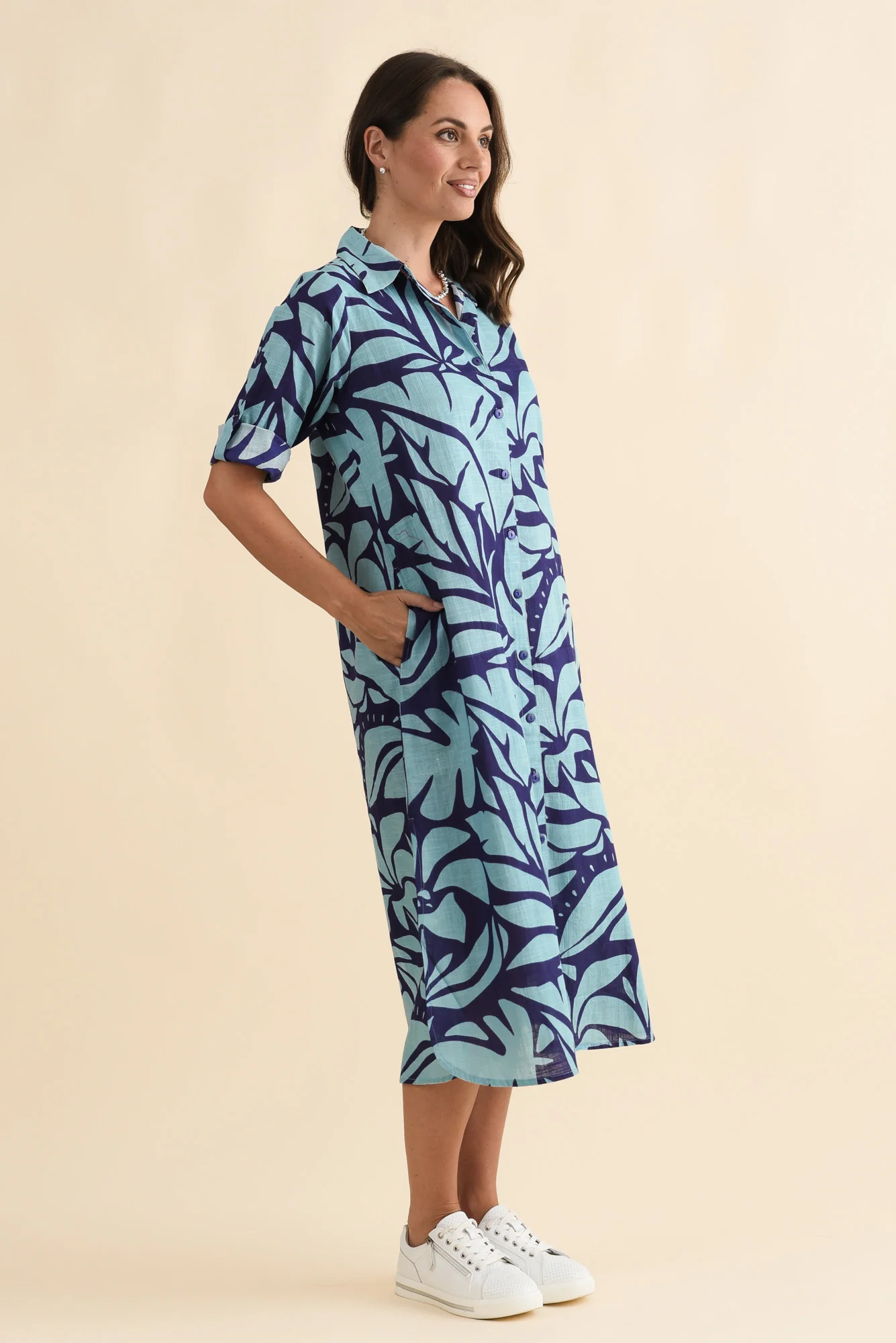 Tricia Blue Botanical Cotton Shirt Dress - Image 3