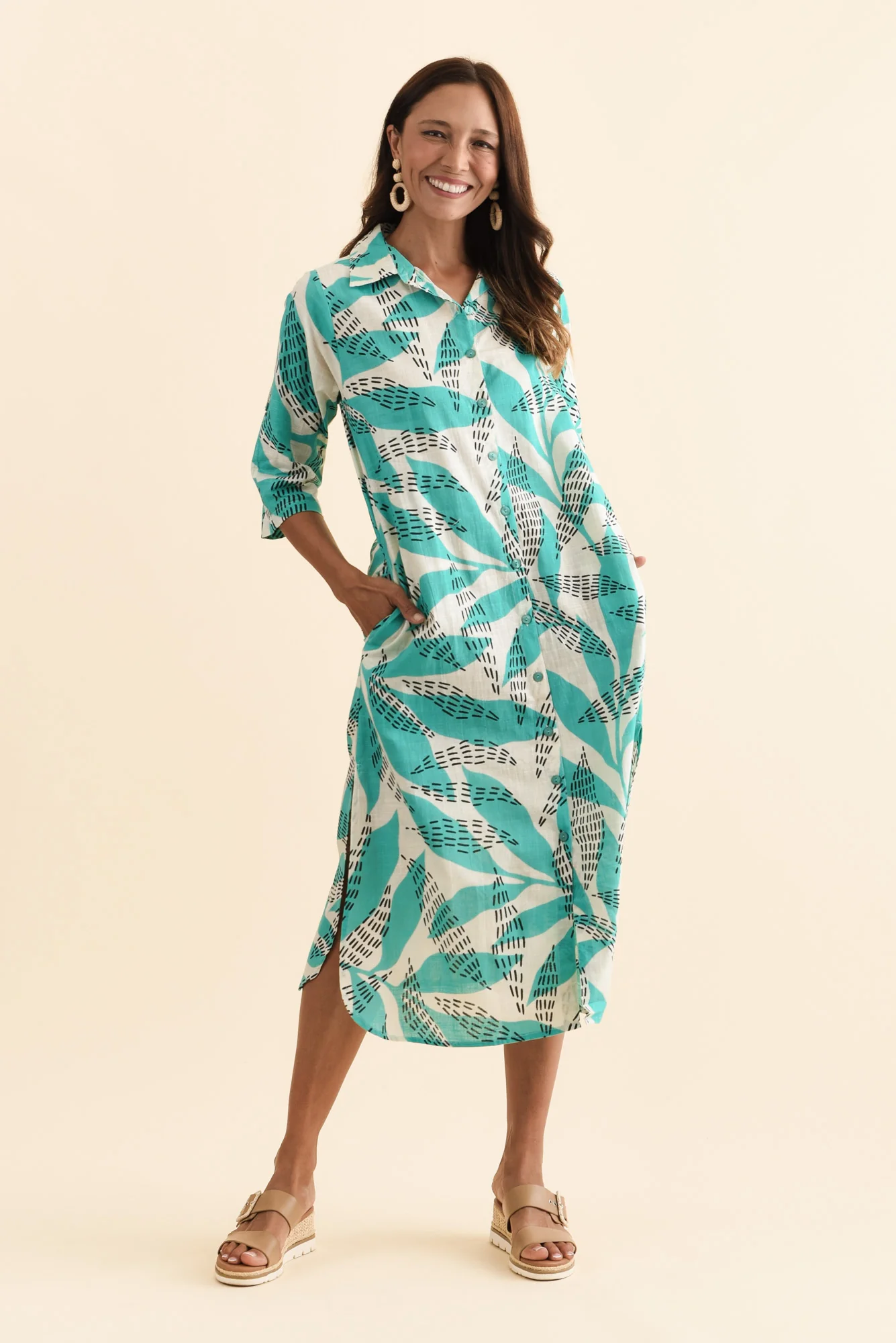 Tricia Teal Fern Cotton Shirt Dress - Image 6