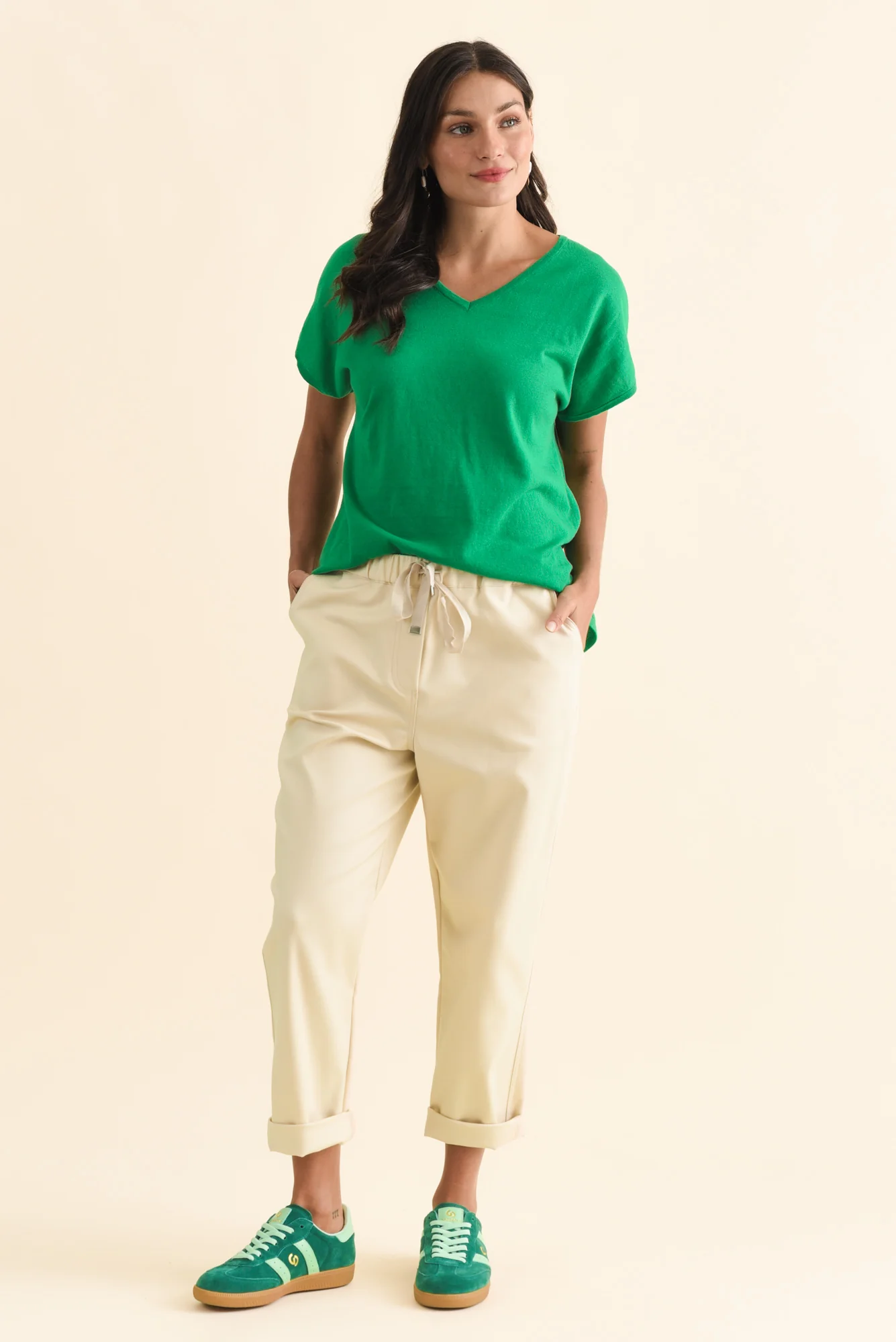 Via Green Cotton V Neck Knit Top - Image 6