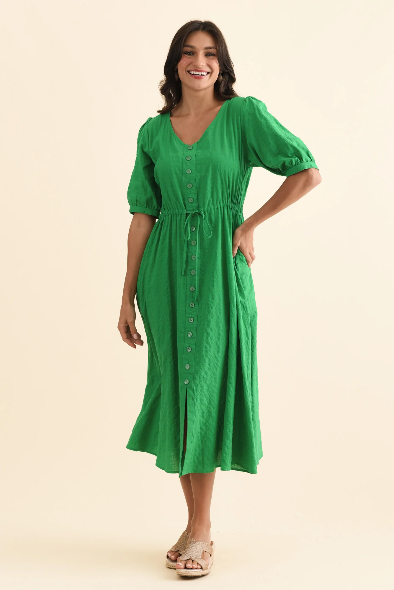 Weslyn Green Check Cotton Blend Dress - Image 6